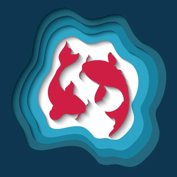 Carta ritagliato sfondo con effetto 3d, due koi pesce intaglio ar — Vettoriale Stock
