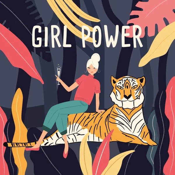 Uma mulher numa selva sentada num tigre a beber champanhe. Conceito de feminismo do poder feminino. Ilustração vetorial plana —  Vetores de Stock