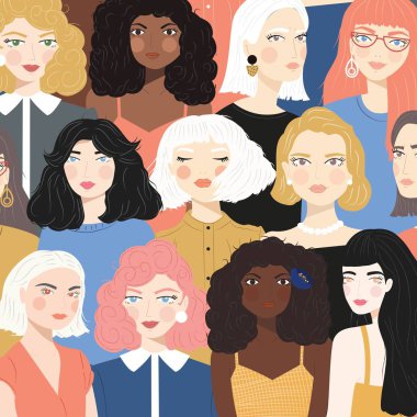 Farklı kadınların portregrubu, eşitlik kavramı için mücadele, feminizm, düz vektör illüstrasyon