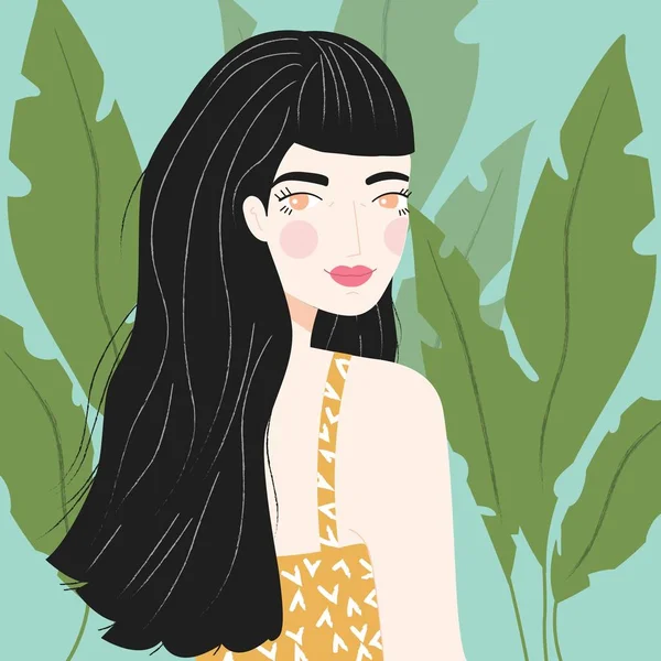 一个长黑头发与图案衬衫的女孩的肖像，蓝色背景与绿色植物，平面矢量插图 — 图库矢量图片