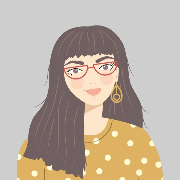 Portrait of a brunette girl with long brown hair wearing red glasses, patterned sweater and earrings, on gray background, flat vector illustration — Stock Vector