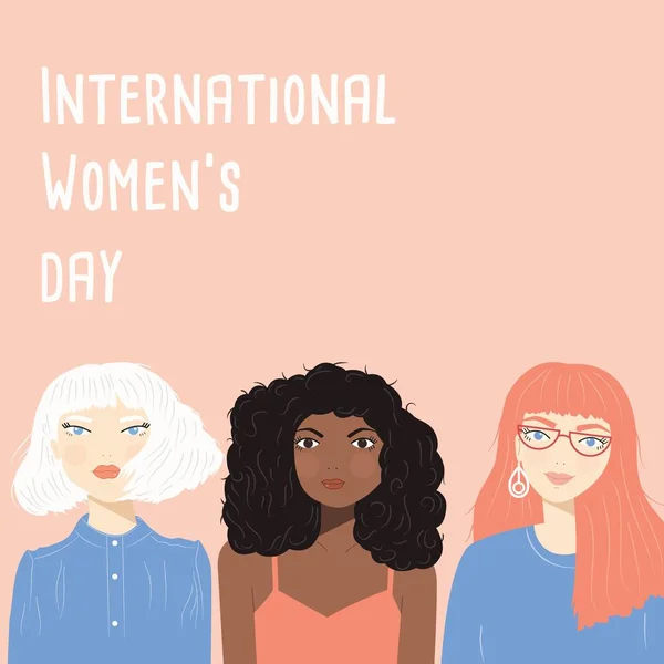 Pembe arka plan, düz vektör illüstrasyon üzerinde üç farklı kadın portreleri ile Uluslararası Kadınlar Günü işareti — Stok Vektör