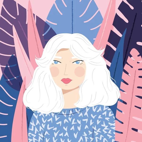 Портрет дівчини з білим волоссям з візерунчастим светром, на рожевому тлі з фіолетовим тропічним листям, плоска Векторна ілюстрація — стоковий вектор
