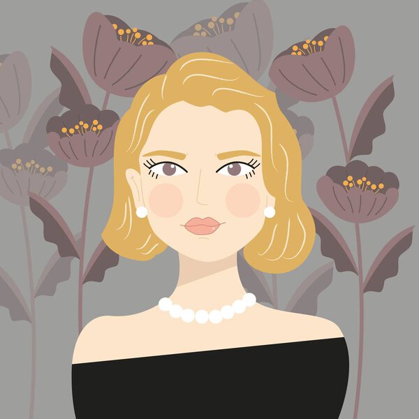 Portrait of an elegant blond girl with pearls, black dress and earrings, on gray background with flowers, flat vector illustration — Stock Vector