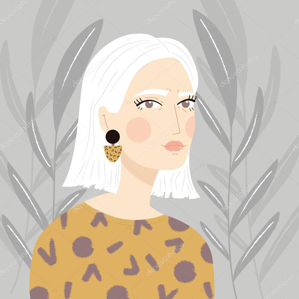 Portrait of a girl with white hair with patterned sweater and earrings, on gray plant background, flat vector illustration