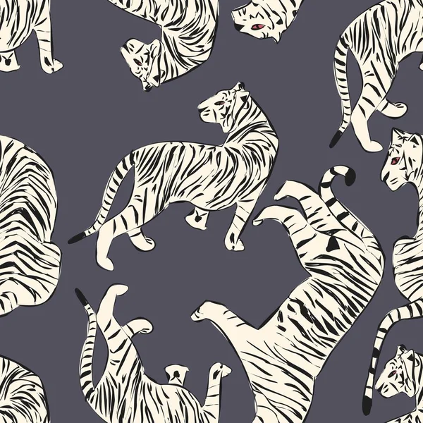 Ручной рисунок тигра бесшовный, большие кошки в разном положении, белые тигры на темном экзотическом фоне, плоские векторные иллюстрации — стоковый вектор