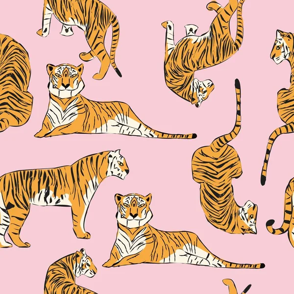 Dibujado a mano tigre patrón sin costuras, grandes gatos en diferentes posiciones, tigres de color naranja sobre rosa, fondo exótico, ilustración vector plano — Archivo Imágenes Vectoriales