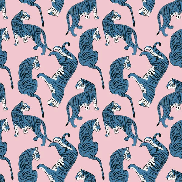 Ручной рисунок тигра бесшовный, большие кошки в разном положении, синие тигры на розовом, экзотический фон, плоский вектор иллюстрации — стоковый вектор