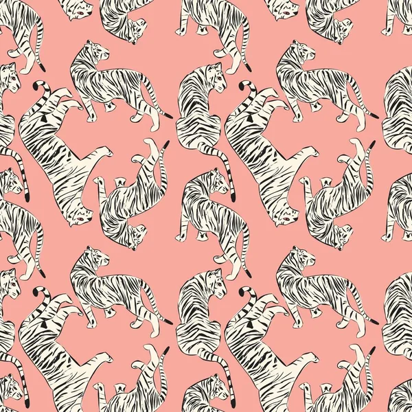Ручной рисунок тигра бесшовный, большие кошки в разном положении, белые тигры на розовом, экзотический фон, плоский вектор иллюстрации — стоковый вектор