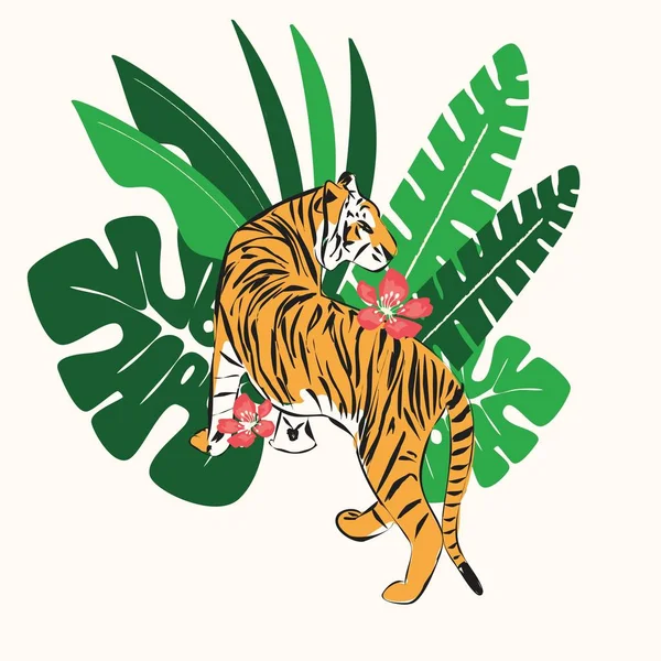 Handgezeichneter Tiger mit exotischen tropischen Blättern, flache Vektorillustration — Stockvektor