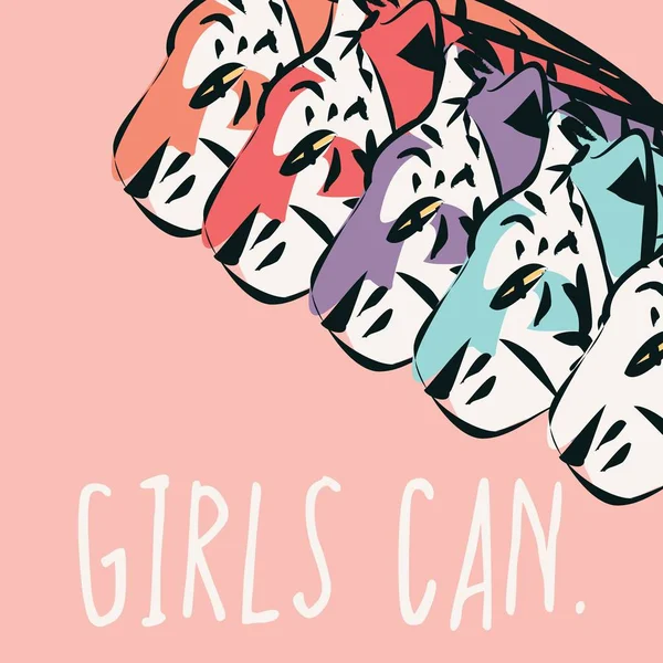 Tigres desenhados à mão com frase feminista GIRLS CAN, poder feminino e conceito de feminismo, ilustração vetorial plana —  Vetores de Stock