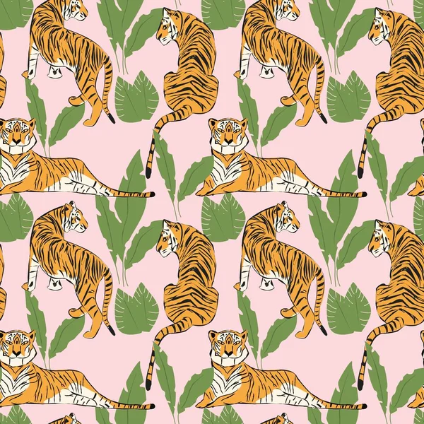 El çizilmiş kaplan dikişsiz desen, farklı konumda büyük kediler, kaplanlar ve tropikal bitkiler, egzotik arka plan, düz vektör illüstrasyon