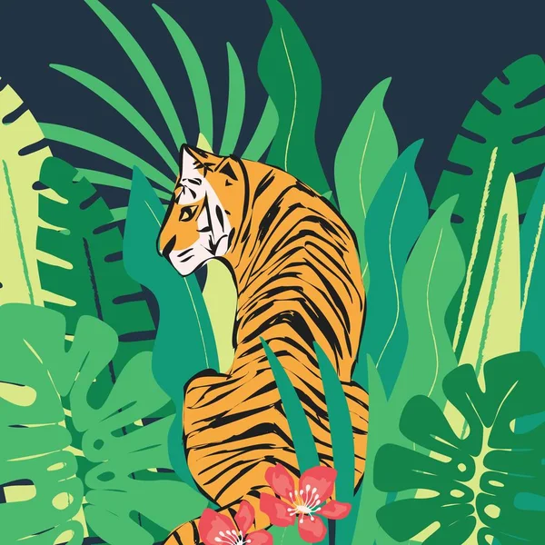Tigre dibujado a mano con hojas tropicales exóticas, ilustración vectorial plana — Vector de stock