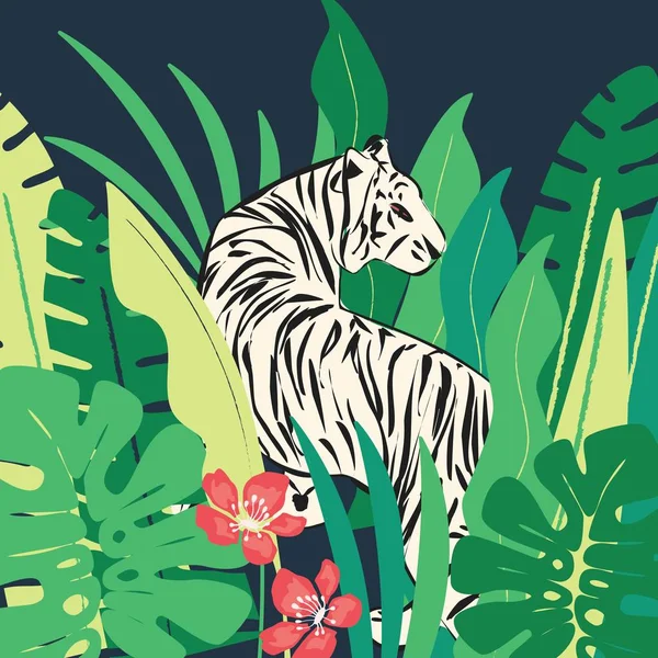 Tigre blanco dibujado a mano con hojas tropicales exóticas, ilustración vectorial plana — Archivo Imágenes Vectoriales