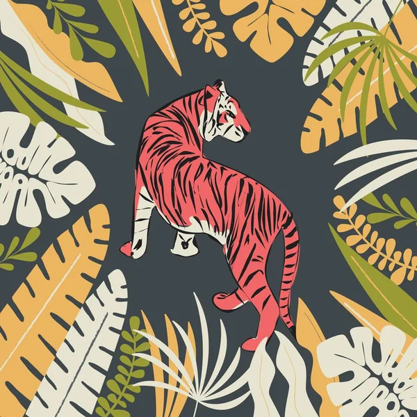 Handgezeichneter Tiger mit exotischen tropischen Blättern, flache Vektorillustration — Stockvektor