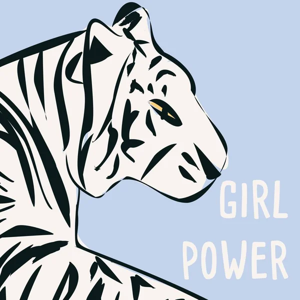 Τίγρη με το χέρι με φεμινιστική φράση και μήνυμα, έννοια της δύναμης των κοριτσιών και του φεμινισμού, επίπεδη απεικόνιση — Διανυσματικό Αρχείο