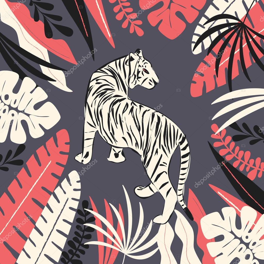 Hand drawn white tiger with exotic tropical leaves, flat vector illustration