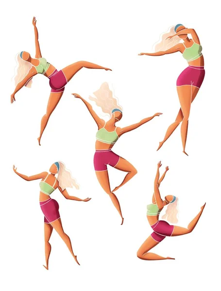 踊りの女の子のポーズのセット スポーツウェアの異なる振付位置の女性キャラクター カラフルなイラスト — ストック写真