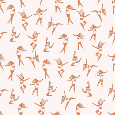 Dansçı kız pozlarıyla kusursuz desen. Spor kıyafetlerinde farklı koreografik pozisyonlarda bir kadın karakter. Renkli vektör illüstrasyonu.