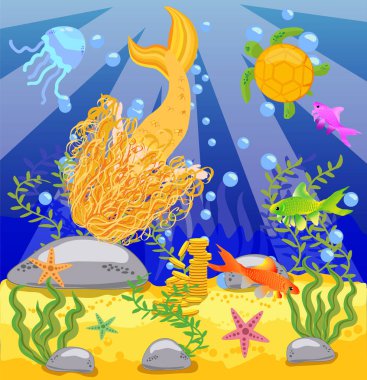 Vektör arka plan ile bir çocuk tarzda bir sualtı dünyasını. Deniz kızı kayanın üzerinde oturuyor.