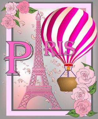 Klasik Fransa poster tasarımı. Eiffel kulesi ve güllerle romantik bir geçmişi var. Yazıt Paris