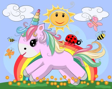 Küçük bir pembe sevimli çizgi film tek boynuzlu at üzerinde bir gökkuşağı, çiçek, Güneş ile takas. Kartpostal, bahar, sihirli