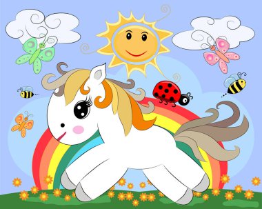 Küçük beyaz çizgi film midilli glade ile bir gökkuşağı, çiçek, Güneş üzerinde. Kartı