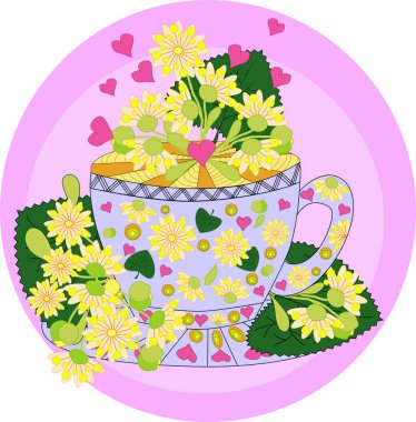 Çay ıhlamur yapılmış. Çay sevgi ile pişirilir. Elle çizilmiş tasarım öğesi