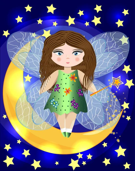 Small Cartoon Fairy Magic Wand Wings Sitting Moon — Stock Vector