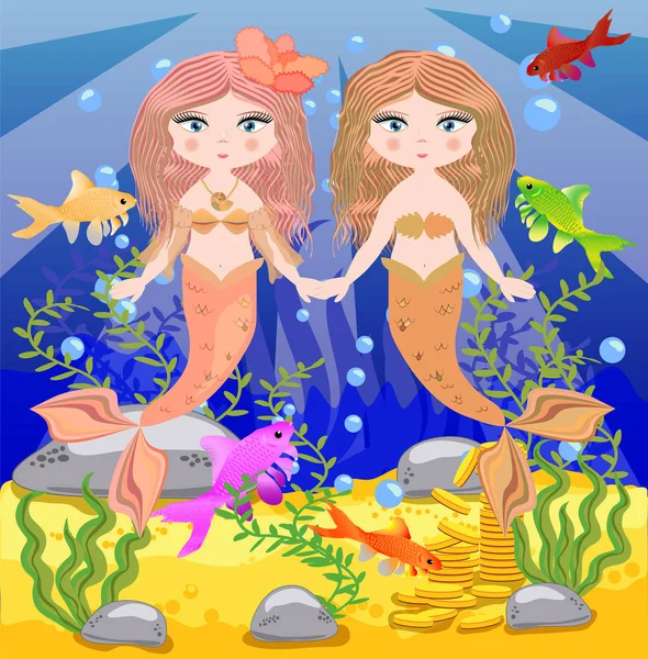 Vektorhintergrund Mit Einer Unterwasserwelt Stil Von Kindern Zwei Meerjungfrauen Halten — Stockvektor