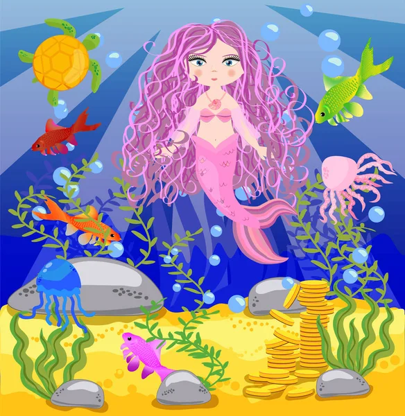Vektorhintergrund Mit Einer Unterwasserwelt Stil Von Kindern Eine Rosa Meerjungfrau — Stockvektor