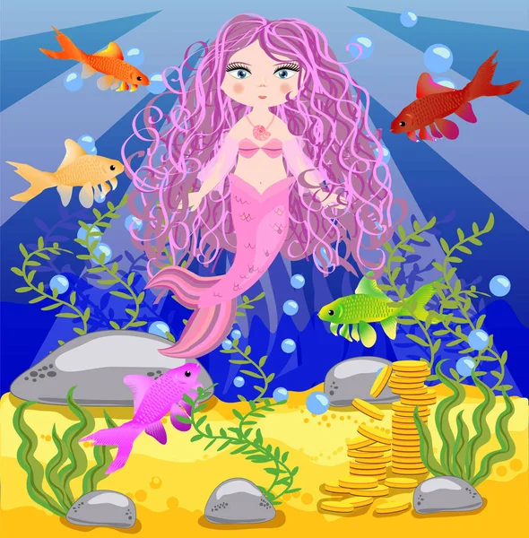 Vektorhintergrund Mit Einer Unterwasserwelt Stil Von Kindern Eine Rosa Meerjungfrau — Stockvektor