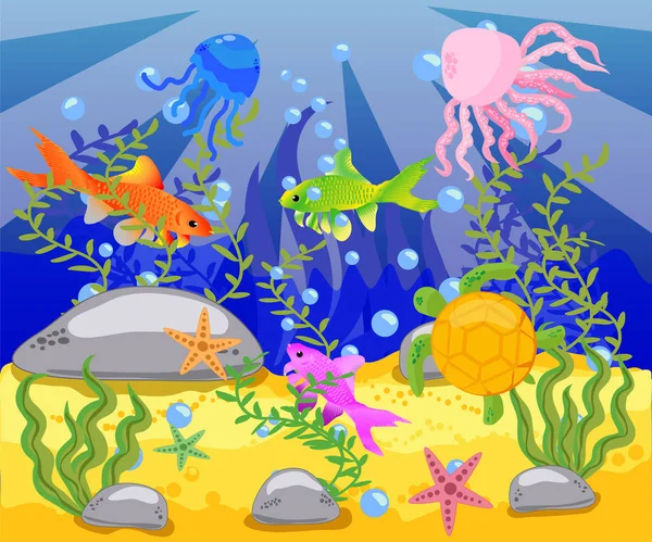 Die Schönheit Der Unterwasserwelt Mit Verschiedenen Tieren Und Lebensräumen Meereslebewesen — Stockvektor