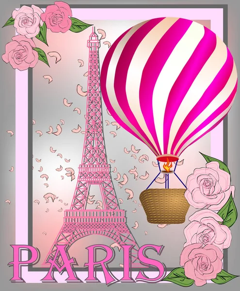 Vintage France Poster Design Romantic Background Eiffel Tower Roses Inscription — Stock Vector