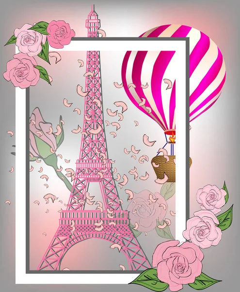 Vintage Franciaország Poszter Design Romantikus Háttérrel Eiffel Torony Rózsák — Stock Vector
