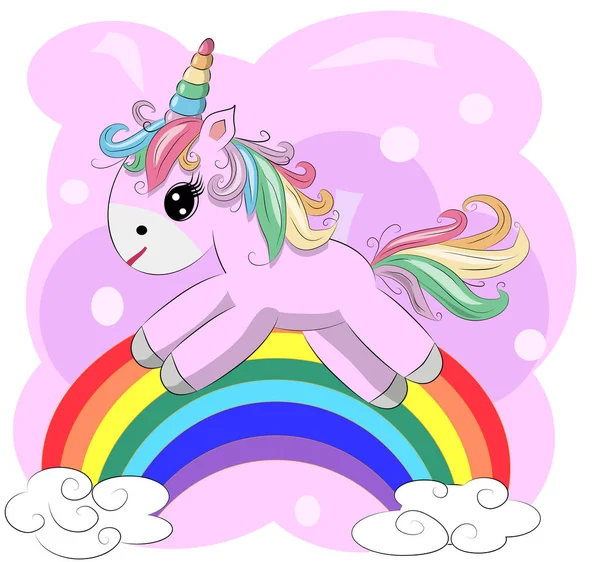 Een Beetje Roze Cute Cartoon Unicorn Een Regenboog Briefkaart Lente — Stockvector