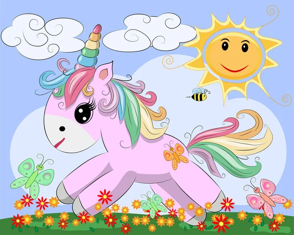 Little Pink Cute Cartoon Unicorn Clearing Rainbow Flowers Sun Postcard — Stock Vector