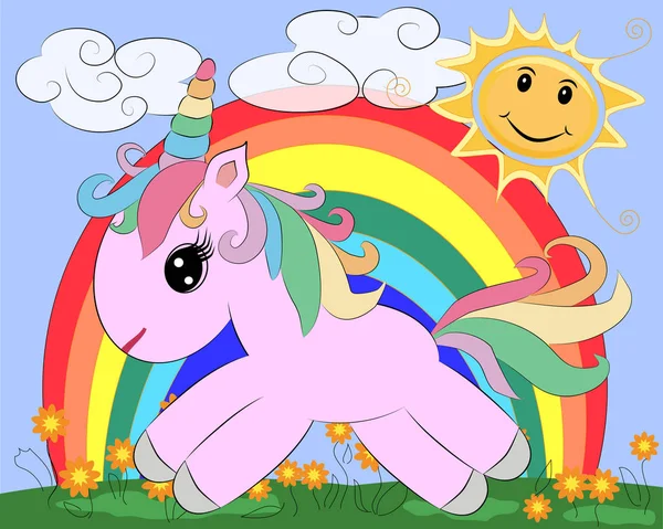 Unicornio Dibujos Animados Lindo Rosa Claro Con Arco Iris Flores — Archivo Imágenes Vectoriales