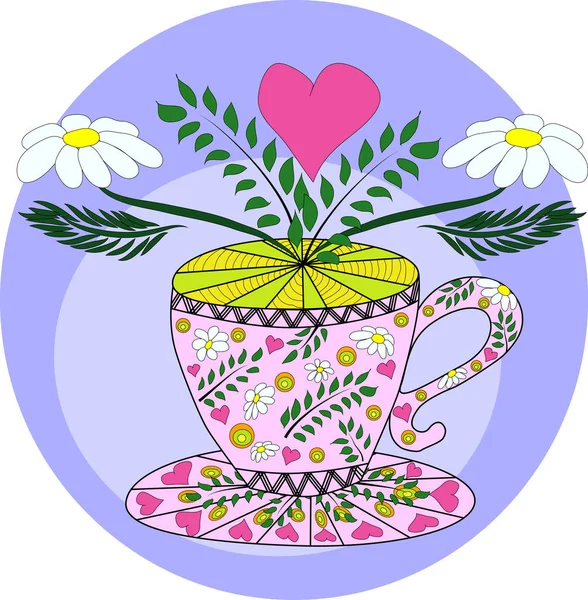 Csésze Forró Kamilla Tea Szár Levelek Virágok Kamilla Szár Levelek — Stock Vector