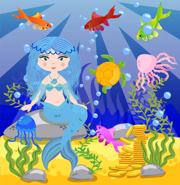 Vector background with an underwater world in a childrens style. A mermaid is sitting on a rock. Wooden chest with gold on the bottom of the sea. Seabed in a cartoon style. — Stock Vector