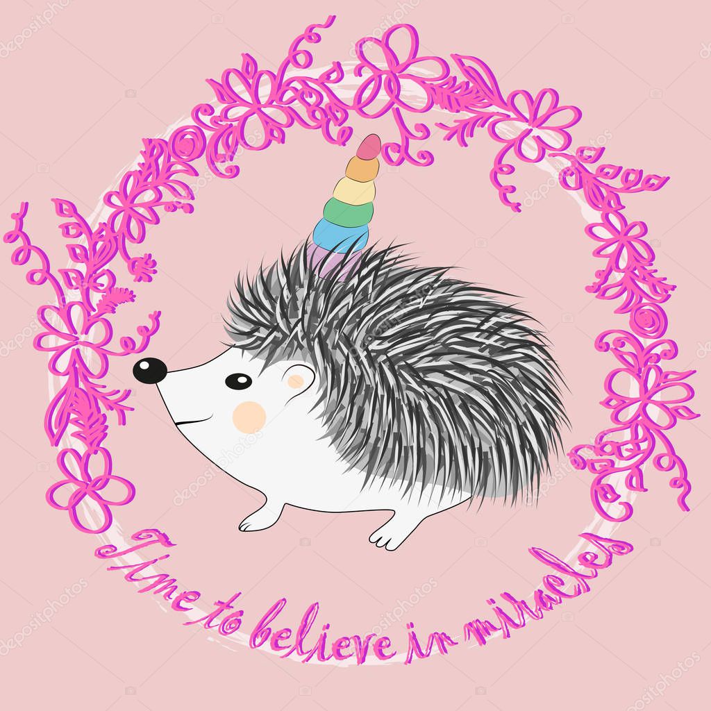 A cute cartoon hedgehog with a unicorn horn. Concept everyone can be a unicorn