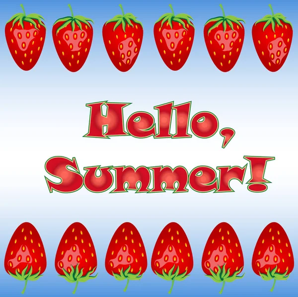 Hello Summer Card Text Pink Strawberries Cute Vector Strawberry Pattern — Stock Vector