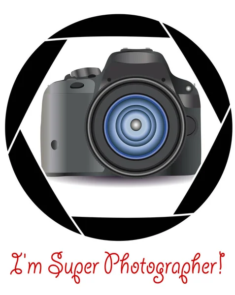 相机膜片的框架内的一种逼真的现代摄像机 概念摄影 照片业务 题字我是一个超级摄影师 — 图库矢量图片