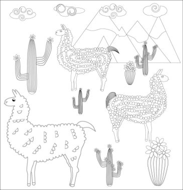 Çizgi film Lama boyama sayfası. Lama, yetişkinler ve çocuklar için boyama