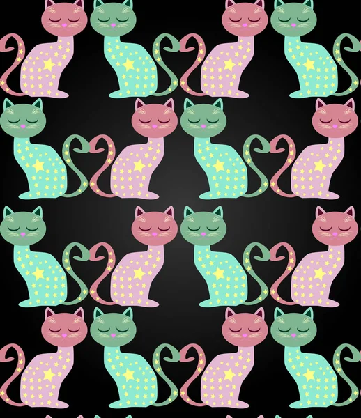 Lindo Fondo Sin Costuras Con Divertidos Gatos Corazones Estilo Dibujos — Vector de stock