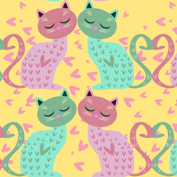 Lindo Fondo Sin Costuras Con Divertidos Gatos Corazones Estilo Dibujos — Vector de stock