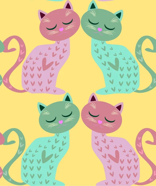 Lindo Fondo Sin Costuras Con Divertidos Gatos Corazones Estilo Dibujos — Vector de stock