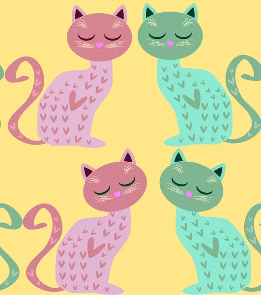 Симпатичный Безмордый Фон Забавными Кошками Сердцами Стиле Мультфильма — стоковый вектор