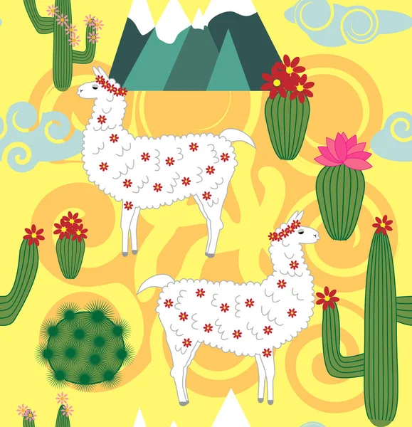 Patrón Sin Costuras Con Linda Llama Dibujos Animados Alpaca Con — Archivo Imágenes Vectoriales