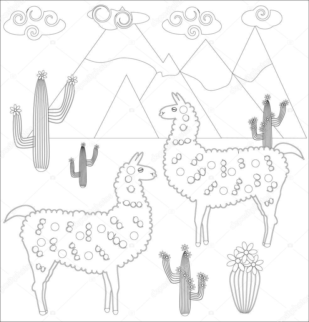 Coloring page of cartoon lama. Lama, coloring for adults and children